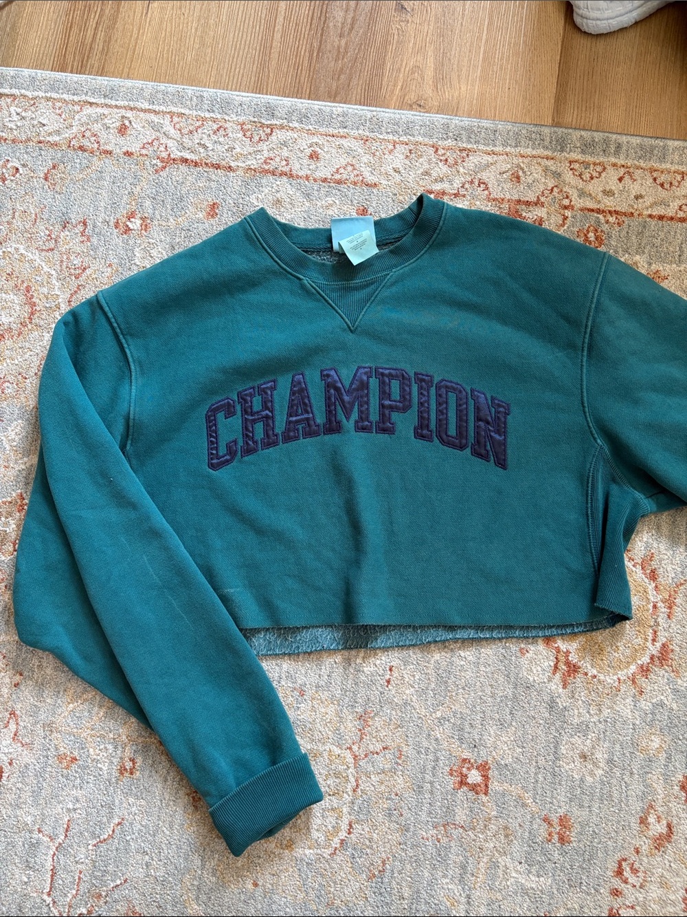 Champion Teal Cropped Crewneck Sweatshirt with Indigo Logo (M)